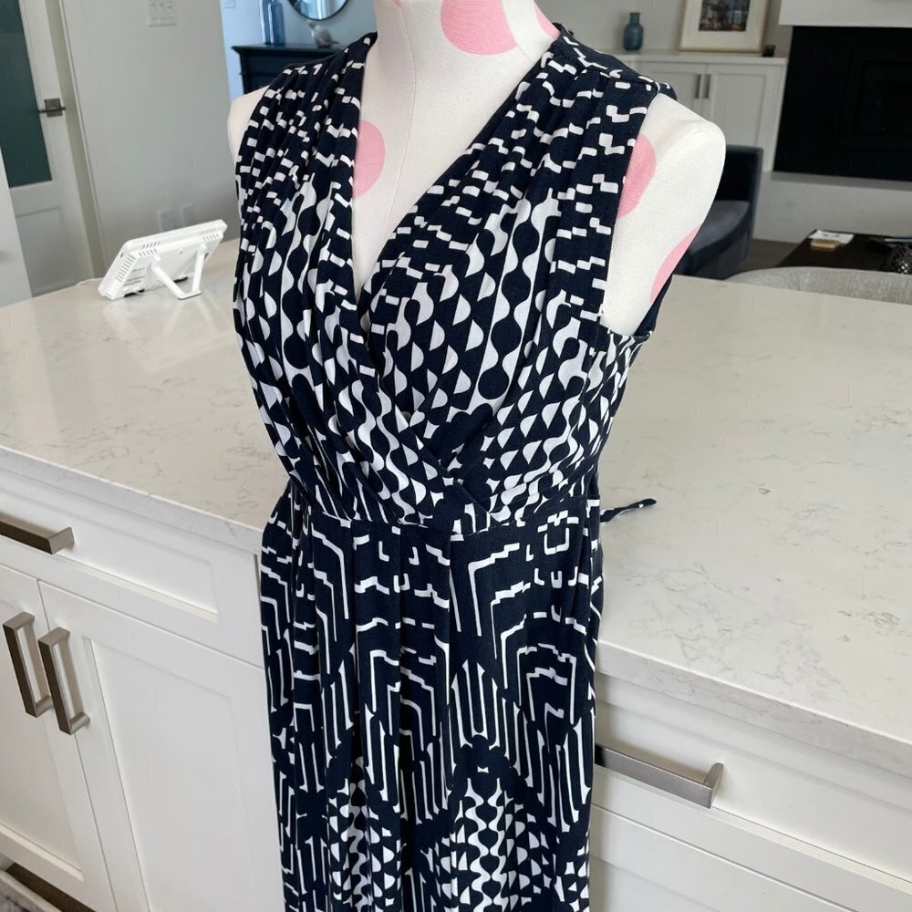 Mario Serrani Italy Slvless V Nk Faux Wrap Geo Print Maxi Dress Navy Sz M - Picture 3 of 10